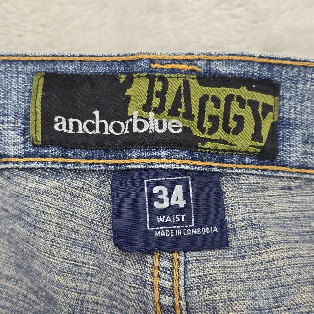 Vintage Anchor Blue Baggy Shorts Mens 34 (Fits 36x12) Blue Denim Jorts Y2K STAIN